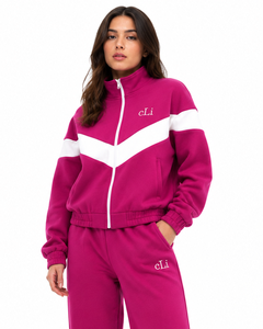 Fashion Forward <b>Women</b>’s Tracksuit Ensemble with White Chevron Detail Cropped <b>Jacket</b> Flowing Palazzo Pants Sportswear Outfit Bulk - Product Image 4