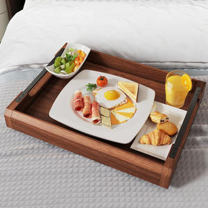 Paquete de 2 bandejas de servicio de madera de acacia rústica con asas para mesa de centro otomana o uso en mostrador perfecto para decoración o exhibición del hogar - Product Image 2