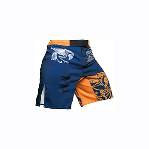 Shorts de boxe MMA LAMA INDUSTRIES bleu-orange, design par sublimation, respirants, protecteurs, écologiques, durables, en polyester. - Product Image 1
