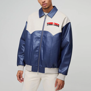 Chaqueta universitaria de cuero puro de primera calidad para hombre, transpirable, con bloques de color, acolchada con algodón grueso. - Product Image 1