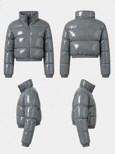 OEM Custom Logo Winter Puffer Crop Style <b>Grey</b> Shine <b>Jacket</b> Women Hooded Down Coat <b>Waterproof</b> Windproof Thermal Outerwear - Product Image 6