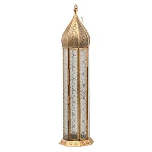 <b>Brass</b> <b>Lantern</b> With Intricate Cutouts And Golden Patterned Glass For Home Decoration - Product Image 3