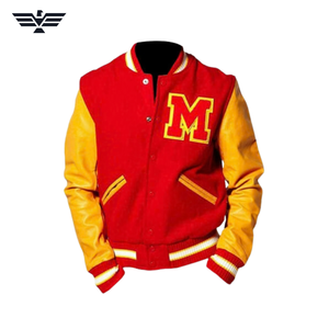 Blouson universitaire homme en cuir PU rouge et jaune avec blocs de couleur, lettres brodées, boutons-pression, col montant respirant, coupe-vent, hiver - Product Image 1