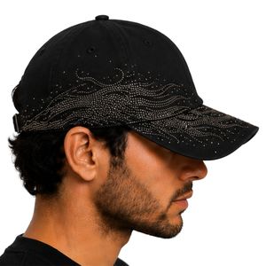 Casquette de baseball de luxe noire à strass, motif vague, ajustable, en coton, style Dad Hat, streetwear premium, mode unisexe, OEM ODM, vente en gros - Product Image 5
