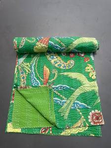 Couverture en coton vert imprimée à la main, style bohème, décoration d'intérieur, utilisable toute l'année - Product Image 1