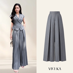 Pantalon de bureau gris pour femme, taille haute, coupe décontractée, jambe large, plissé, coupe régulière, poches latérales, NERINA ODM, tissu peigné - Product Image 1