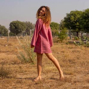 Vestido Mini de Lino y Algodón Color Rosa Empolvado para Mujer, Manga Larga, Cuello Redondo, Corte Holgado, Estilo Casual Bohemio, Vestido de Verano - Product Image 3