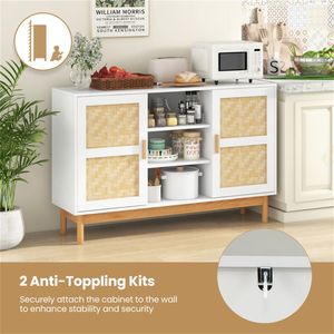 Natural White Buffet Cabinet with Bamboo Woven Patterns 3 <b>Open</b> Shelves and 2 Cabinets for Villa Kitchen or Dining <b>Storage</b> - Product Image 5
