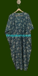Robe Kaftan Midi Artisanale Exquise à Motifs Floraux Bleus pour Femme, Imprimé Sanganeri Intricat, Col en V, 100% Coton - Product Image 5