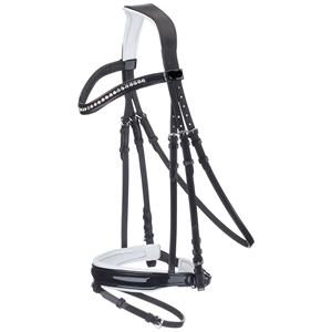 Brida de cuero negro de lujo con frontal de cristal y acolchado blanco, y riendas para entrenamiento y competición. - Product Image 1