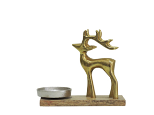 Porte-bougie décoratif en aluminium en forme de renne doré avec base en bois, centre de table de Noël - Product Image 2