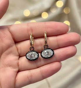 Pendientes de Aro de Plata de Ley 925 con Circonita Cúbica Ovalada, Estilo Gypsy, Color Blanco Ennegrecido, con Clip, Regalo para Mujer, Compromiso, Boda - Product Image 4