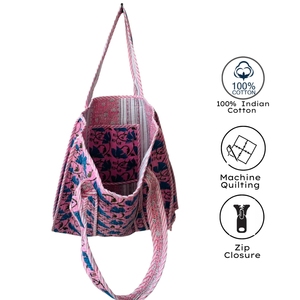Knnotted Earth for Floral Cotton Tote <b>Bag</b> Bohemian Panelled Design Zipper Closure Eco-friendly <b>Foldable</b> All Seasons <b>Bag</b> - Product Image 4