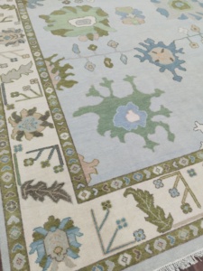 Tapis en laine noué à la main, tapis de style floral transitoire avec bordure verte, style nœuds persans, tapis pastel pour salon - Product Image 6