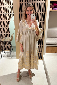 Vestido Kaftán Beige de Lujo para Mujer, con Estampado Dorado, Estilo Boho, Holgado, Tejido de Punto, Ecológico, con Borlas, para Verano - Product Image 2