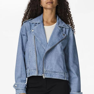 Blouson Biker en Jean Bleu Clair pour Femme, Veste Moto Asymétrique à Fermeture Éclair, Manches Longues, Col Revers, Style Décontracté, Tendance Streetwear - Product Image 3