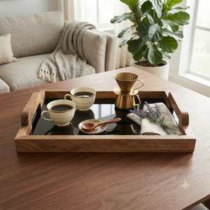 Plateau de service en bois de luxe avec base en marbre noir, plateau décoratif artisanal pour le petit-déjeuner avec poignées pour la maison, l'hôtel et le restaurant - Product Image 3