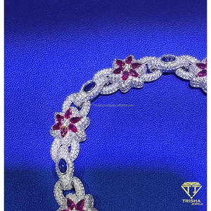Luxury Floral Moissanite Bracelet with Ruby Red Marquise Cut Stones and Blue Oval Accents Fully <b>Iced</b> <b>Out</b> Diamond Look Jewelry - Product Image 4