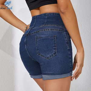 Shorts de Mezclilla para Mujer, Cintura Alta, Elásticos, Moda Verano, Casuales, Azules, con Ribete de Encaje, Desgastados, OEM - Product Image 6