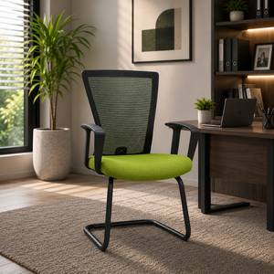 Chaise de bureau KINSHA en maille, siège vert, accoudoirs fixes, dossier ouvert, structure en plastique, design ergonomique, style contemporain, chambre à coucher - Product Image 1