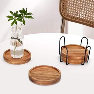 Handmade Eco-Friendly Acacia Wood <b>Round</b> <b>Coaster</b> Set with Metal Holder for Modern Coffee Table and Home Kitchen Decor - Product Image 1