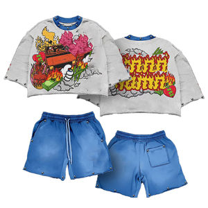 Ensemble T-shirt et short décontracté pour homme, imprimé graphique, 100 % coton épais, délavé à l'acide, style streetwear respirant pour l'été - Product Image 1