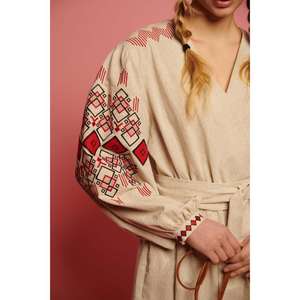 Vestido Midi de Lino Beige Bordado para Mujer, Ecológico, Lavable, con Cinturón Étnico y Manga Larga, Estilo Kurti, Venta al Por Mayor - Product Image 3