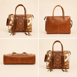Premium Hair-On Cowhide Leather Tote Bag | Hand Tooled Floral Western <b>Purse</b> with Fringe, Spacious Laptop Shoulder Handbag Carry - Product Image 3