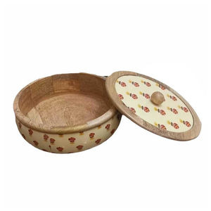 Boîte ronde moderne en bois pour chapati, chauffe-roti, casserole avec couvercle imprimé pour cuisine de luxe, service et rangement - Product Image 1