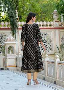Kurta Anarkali en coton imprimé doré avec dupatta, couleur noire, pour femme, vêtement ethnique d'été pour fêtes et occasions, séchage rapide, recyclé - Product Image 3