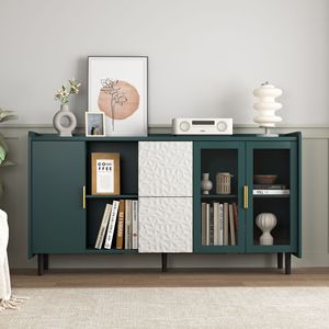 Modern 55\" Coffee Bar <b>Storage</b> Cabinet 2 Drawers 2 <b>Open</b> Compartments for Kitchen Living Room Pantry <b>Storage</b> with 2 Glass Doors - Product Image 1