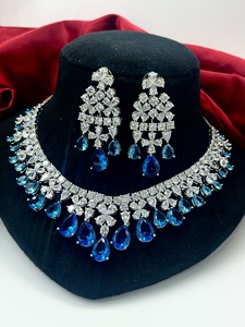 Parure de bijoux en zircon cubique plaqué argent, collier et boucles d'oreilles en zircon bleu taille poire, imitation bijoux de mariage pour femme - Product Image 2