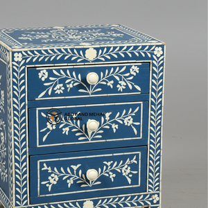 Premium Modern Eco-Friendly <b>Blue</b> Bone Inlay <b>Bedside</b> <b>Table</b> with 2 Drawers Handmade Floral Inlay Nightstand Cabinet - Product Image 5