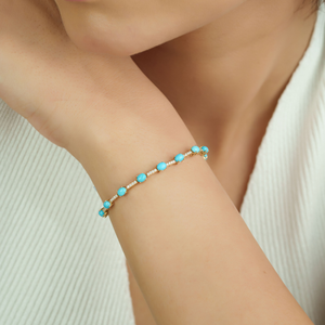 Elegant Trendy Design 4x3mm Turquoise & Diamond K14 <b>Solid</b> Yellow <b>Gold</b> Sleek Tennis Bracelet For Unisex Everyday Wear Jewelry - Product Image 4