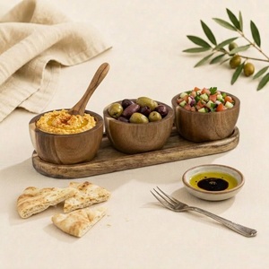 Ensemble de bols à condiments en bois d'acacia faits à la main avec plateau allongé, vaisselle écologique pour apéritifs, sauces et collations - Product Image 5
