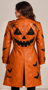 Manteau trench en similicuir orange pour femme, style gothique, orné de motifs citrouille et chauve-souris, pour Halloween, vêtement d'extérieur pour costume d'automne - Product Image 5