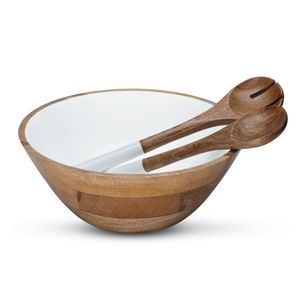 Lot de bols ronds en émail et bois pour la cuisine - Ensemble de bols de service en acacia de 12 pouces grande capacité, vaisselle durable de qualité alimentaire - Product Image 1
