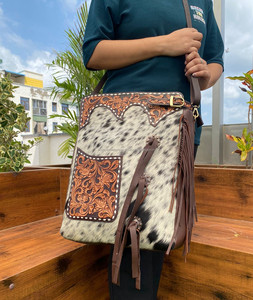 Women's Western Floral Hand Tooled Leather Cowhide Shoulder Purse Hair on Genuine Leather Concealed Carry Concho Messenger Bags - Product Image 2