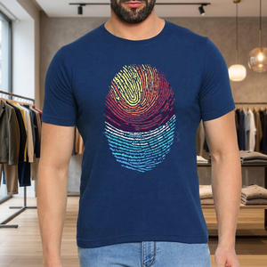<b>Men's</b> <b>Navy</b> <b>Blue</b> Short Sleeve T-<b>Shirt</b> With Colorful Fingerprint Print Regular Fit O-Neck Casual Style 100% Cotton Jersey Fabric - Product Image 2