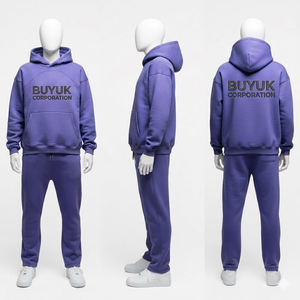 Ensemble de survêtement décontracté pour homme : sweat à capuche et pantalon en coton écoresponsable, imprimé en relief, délavage acide, style streetwear - Product Image 1