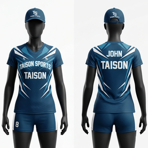 Women <b>Volleyball</b> Uniform 180 GSM Breathable Interlock Polyester Navy Blue White Graphic Panels Custom Logo Name Number OEM - Product Image 1