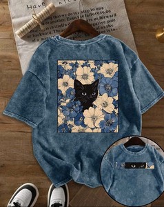 T-shirt à manches courtes col rond pour femme, imprimé numérique style line art, coupe ample, en jersey décontracté, toutes saisons - Product Image 5
