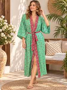 Bata cruzada con cuello en V y estampado floral para mujer, mangas tres cuartos, cierre con cordón de longitud completa, ropa informal de verano - Product Image 6