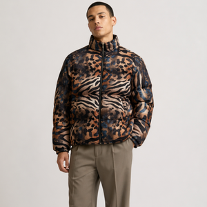 Blouson matelassé imprimé animal pour homme, motif léopard et tigre, col montant, entièrement zippé, chaud et matelassé pour l'hiver - Product Image 1