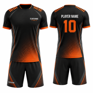 Ensemble de tennis unisexe noir et orange dégradé, impression par sublimation, polyester respirant, séchage rapide, col en V, manches courtes, design sportif, club - Product Image 1