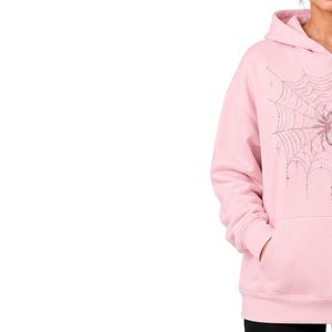 Sweat à capuche personnalisé rose pâle avec strass et motif toile d'araignée pour femme, coupe oversize, en molleton de coton premium, décontracté pour l'hiver - Product Image 3