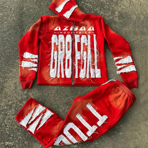 AZBAA Red Hooded Tracksuit Set <b>Full</b> <b>Zip</b> <b>Sweatshirt</b> And Sweatpants With Graffiti Print Streetwear Outfit For Adults - Product Image 1