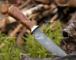 Couteau de chasse d'extérieur personnalisé à lame fixe en acier Damas, ultra-affûté, avec manche en bois de rose, OEM ODM, étiquettes privées - Product Image 2