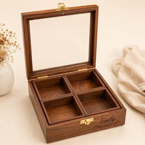 Boîte à fruits secs multifonction personnalisée en bois poli avec couvercle en verre, nom gravé Priya, boîte de rangement carrée faite à la main pour table - Product Image 4