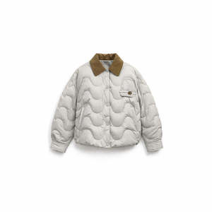 Chaqueta Acolchada Gris Claro con Cuello Marrón, Corte Regular, Unisex, Abrigo Casual de Invierno, Relleno de Poliéster, Cierre de Botones - Product Image 1